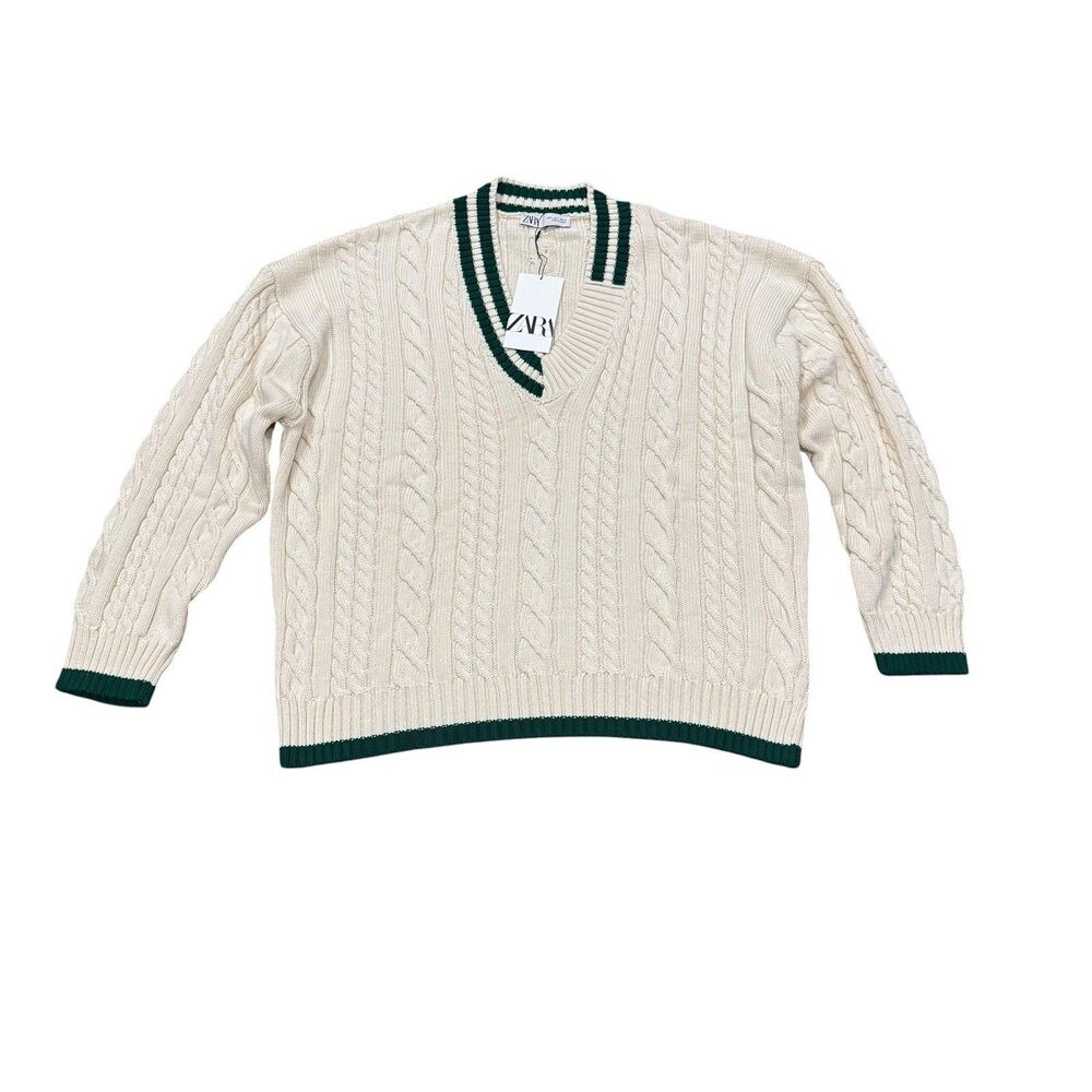 Zara Cable Knit V Neck Sweater Womens L Beige Green Trim Preppy NWT